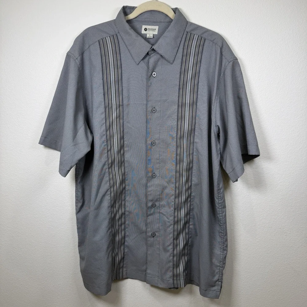 Haggar Mens Gray Button Up Shirt Mend L Collared Short Sleeve Dress - Picture 3 of 16